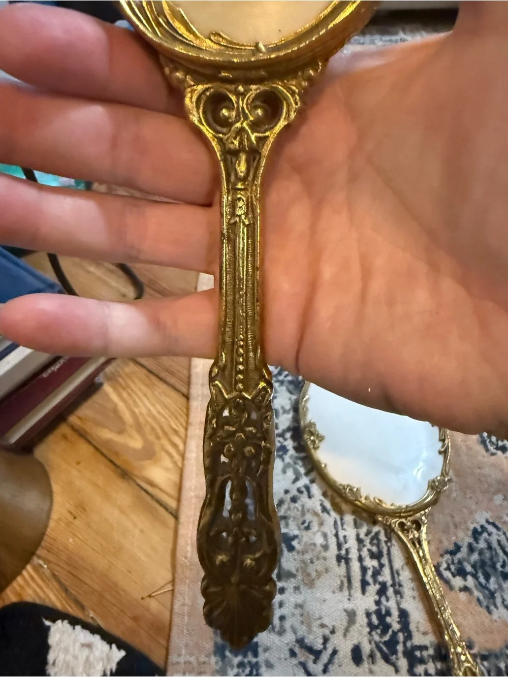 Vintage Hollywood regency ornate Gold Hand Mirror and Brush Set
